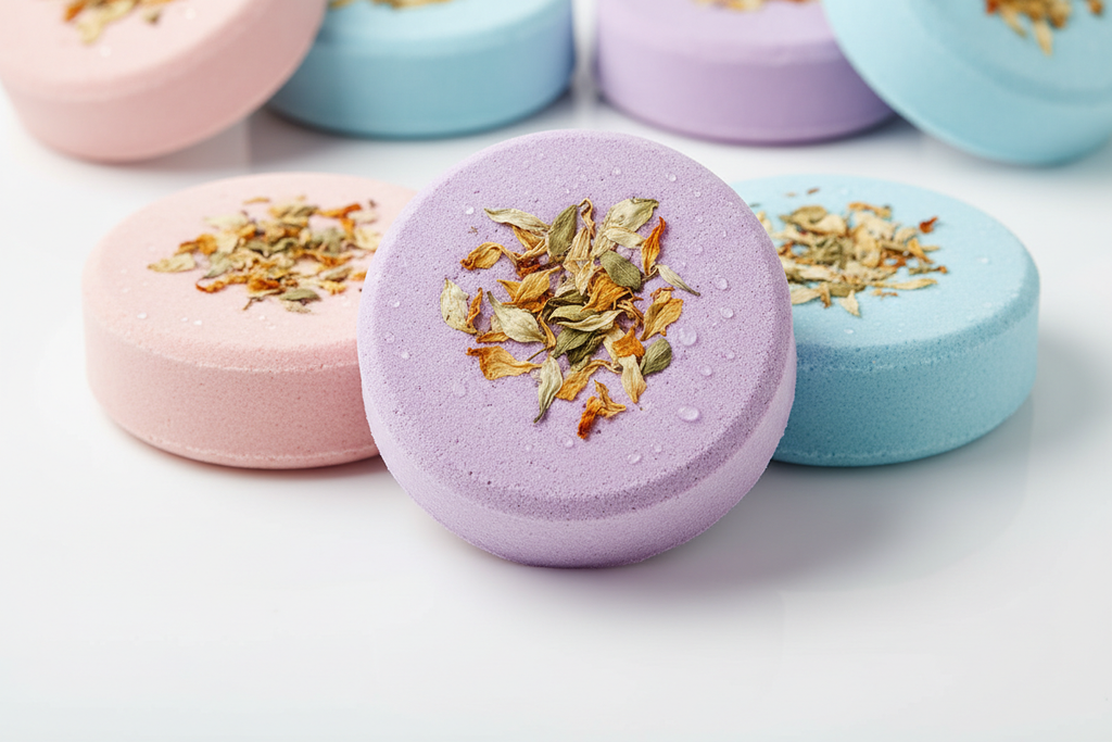hockey puck style bath bombs with flower petals in them